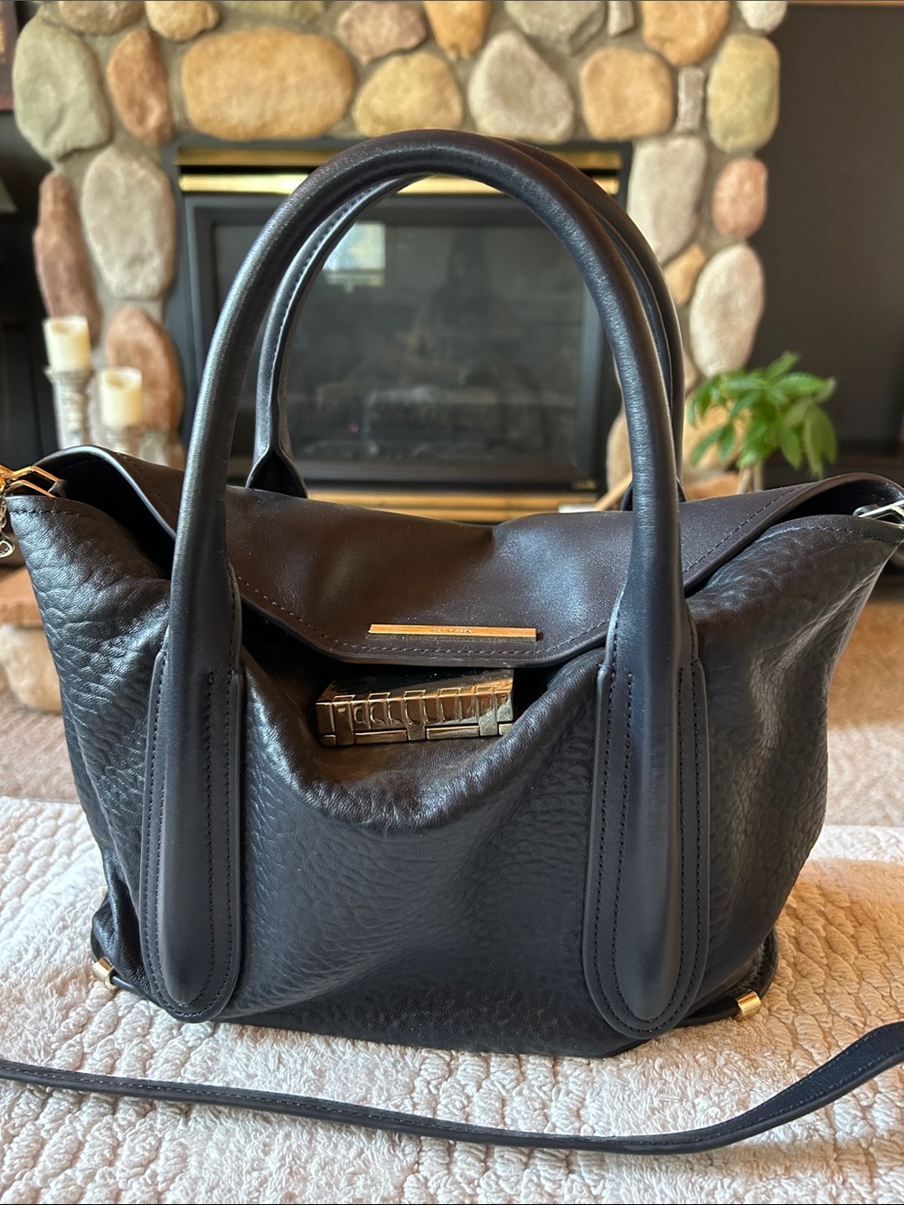 ZAC Posen Eartha Iconic Soft Navy Leather Top Handle Satchel Crossbody, Size L